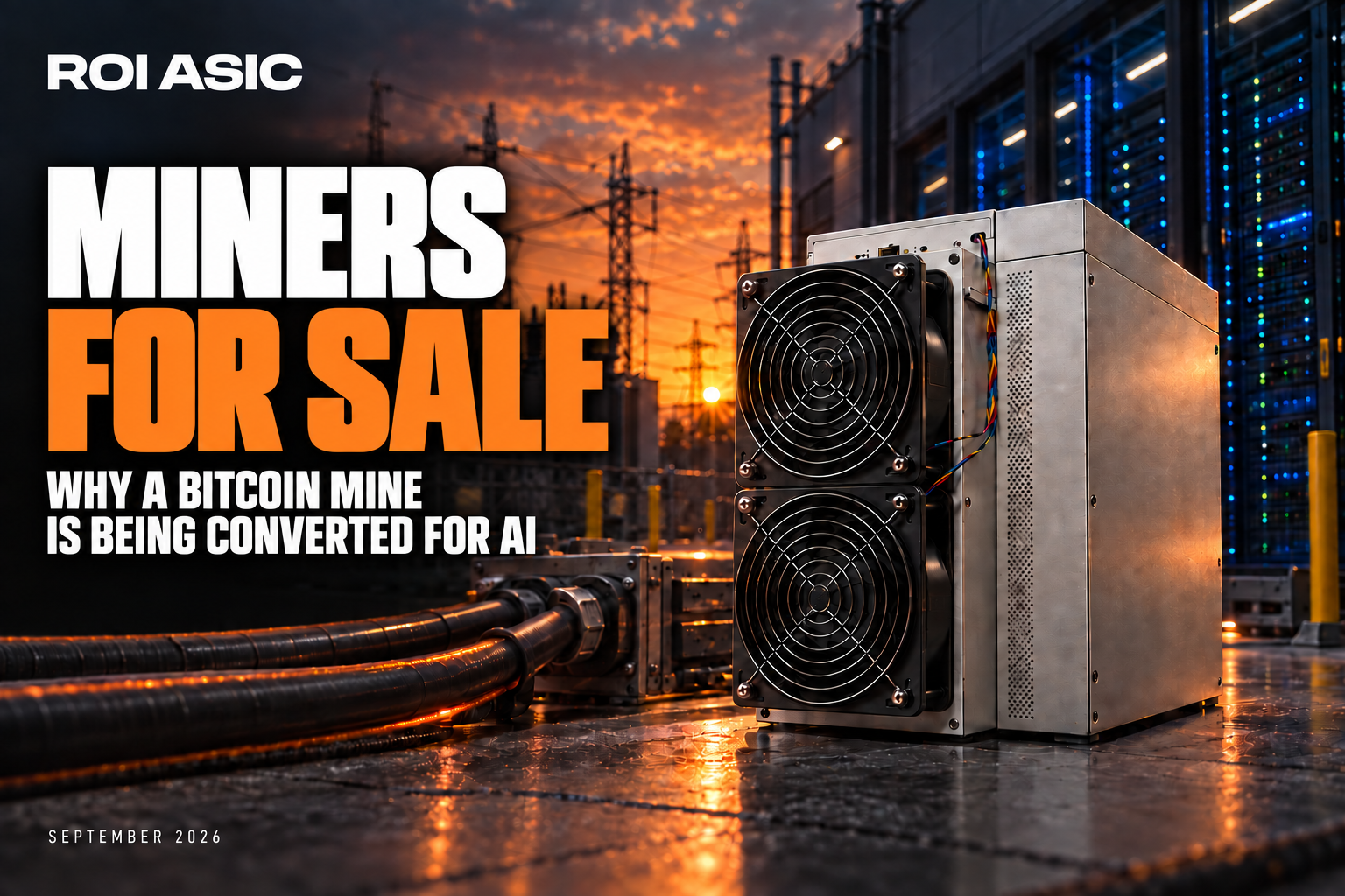 AI-generated editorial illustration about Bitcoin mining, AI data centers and access to electrical capacity.