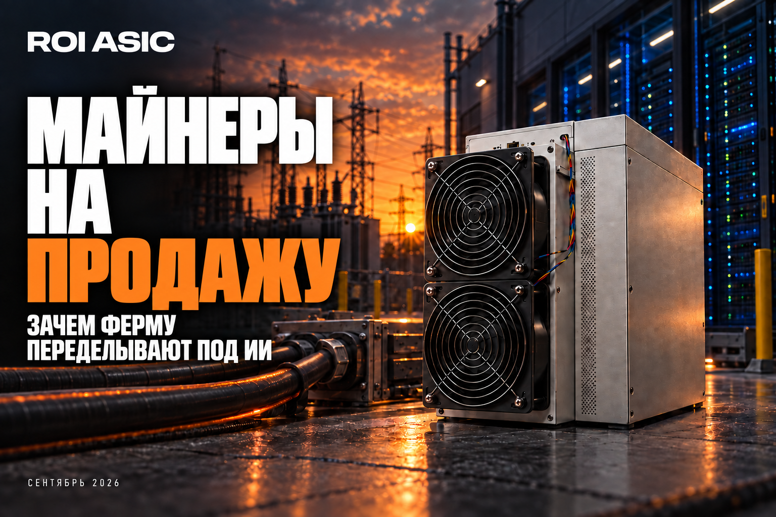 Редакционная AI-иллюстрация о майнинге, дата-центрах ИИ и доступе к электрической мощности.
