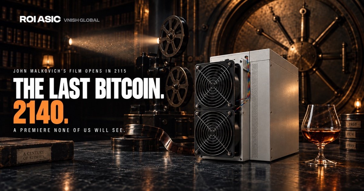 A photorealistic Bitmain Antminer S21 with two stacked front fans, a cinema camera and a glass of cognac before a century vault